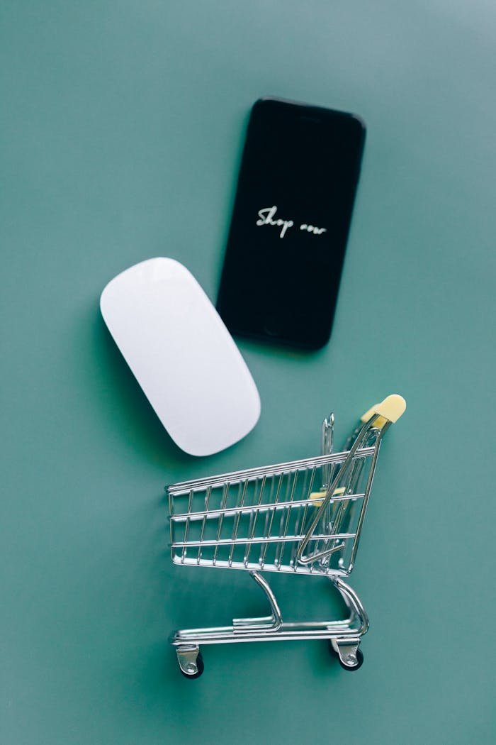 gallery-4 Flat lay of a miniature shopping cart, smartphone, and computer mouse on teal background.